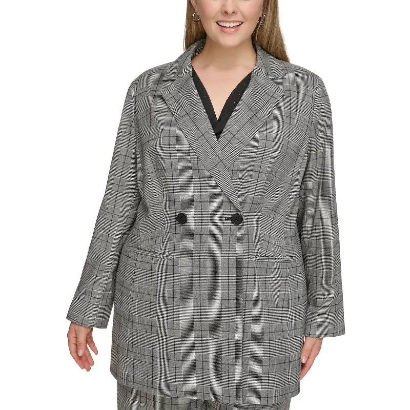 women's lightweight jacket -Calvin Klein Womens Plus Plaid Wear to Work Two-Button Blazer