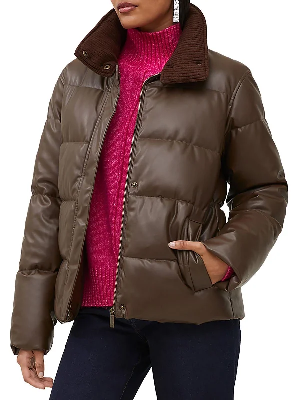 ladies' designer overcoat -Womens Faux Leather Warm Puffer Jacket