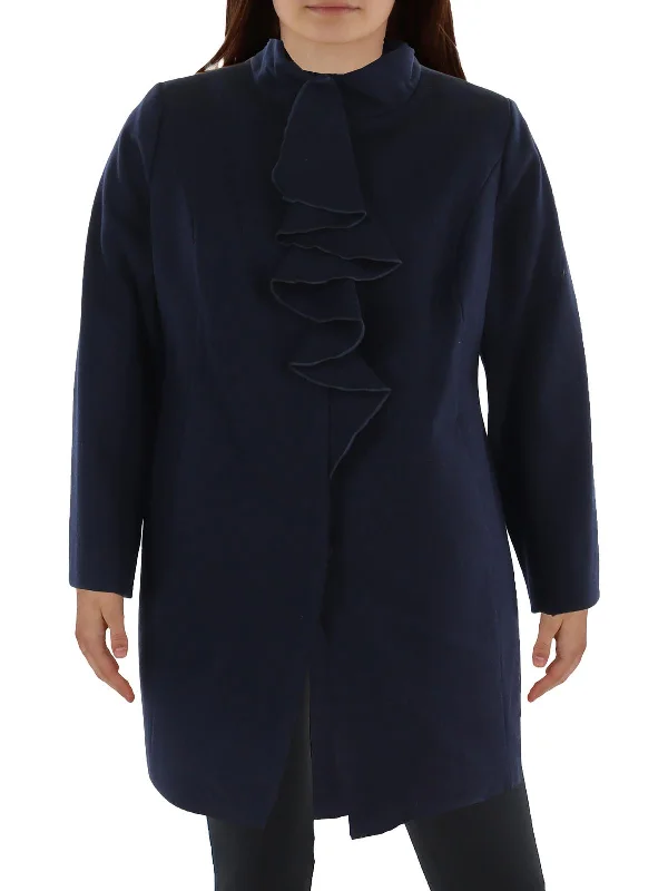 women's outdoor fleece jacket -Plus Womens Wool BLend Ruffled Walker Coat