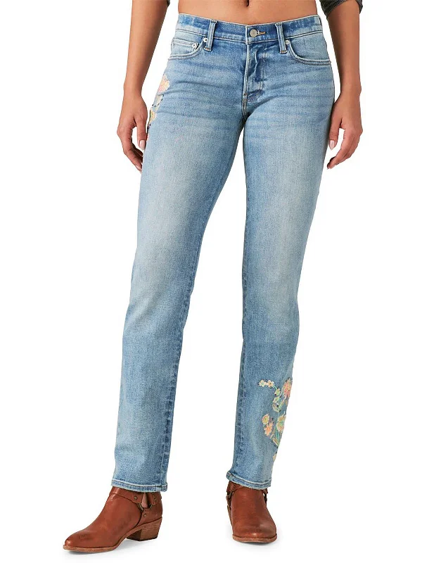 women's button-fly mom jeans -Womens Floral Embroidered Straight Leg Jeans