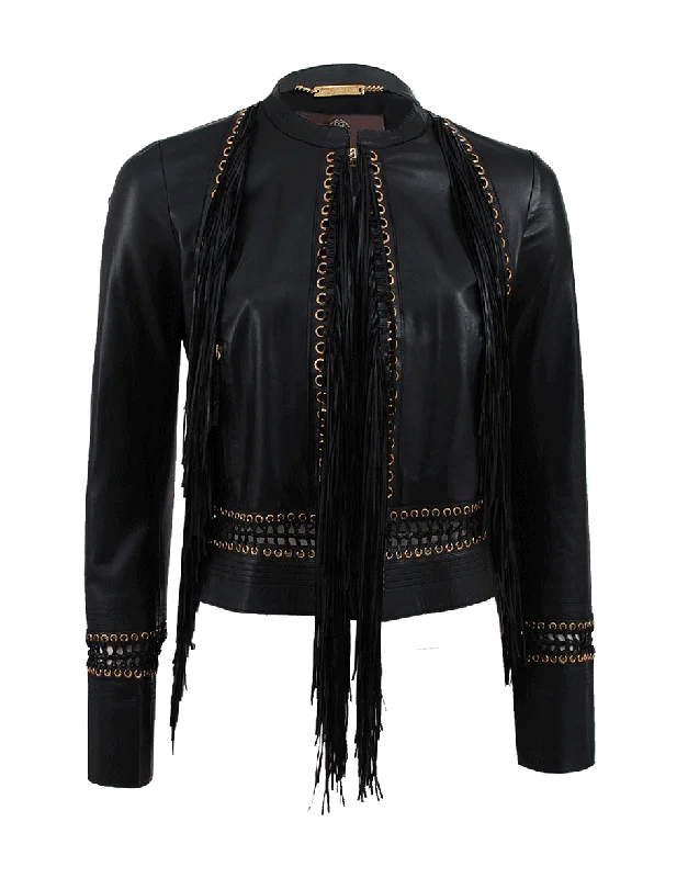 versatile trench coat for ladies -Long Sleeve Fringe Leather Jacket