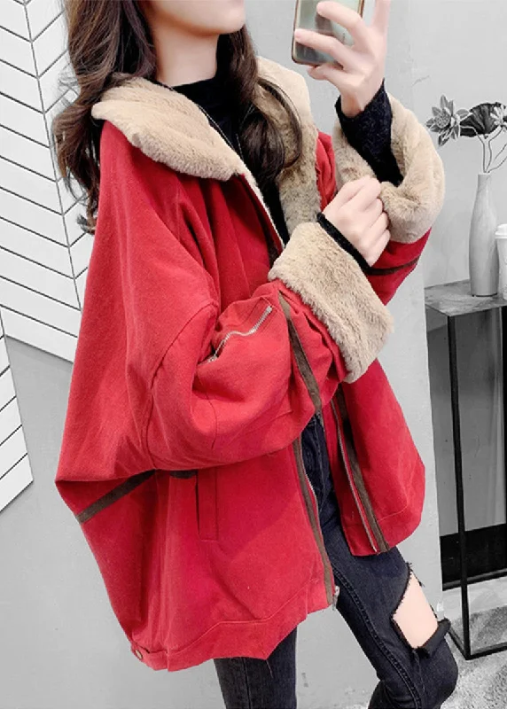 ladies' longline puffer coat -Loose Red Peter Pan Collar Zippered Warm Fleece Parka Winter