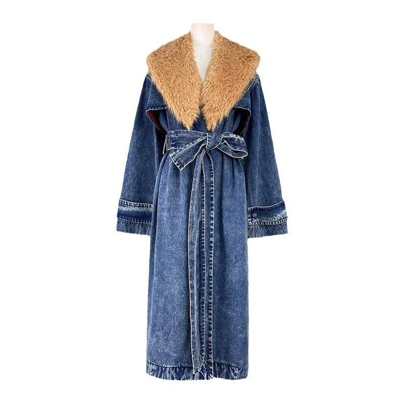 ladies' longline puffer coat -Denim Overcoat Fur Collar Belt Patchwork Pockets