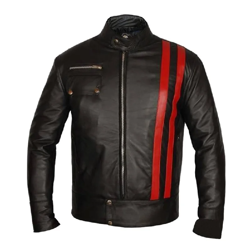 women's asymmetrical zip jacket -Red Strip Black Leather Jacket