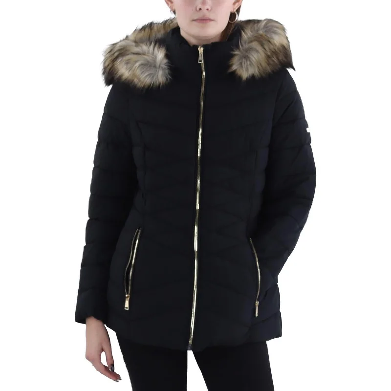 warm alpaca wool coat for ladies -Womens Faux Fur Trim Hooded Puffer Jacket