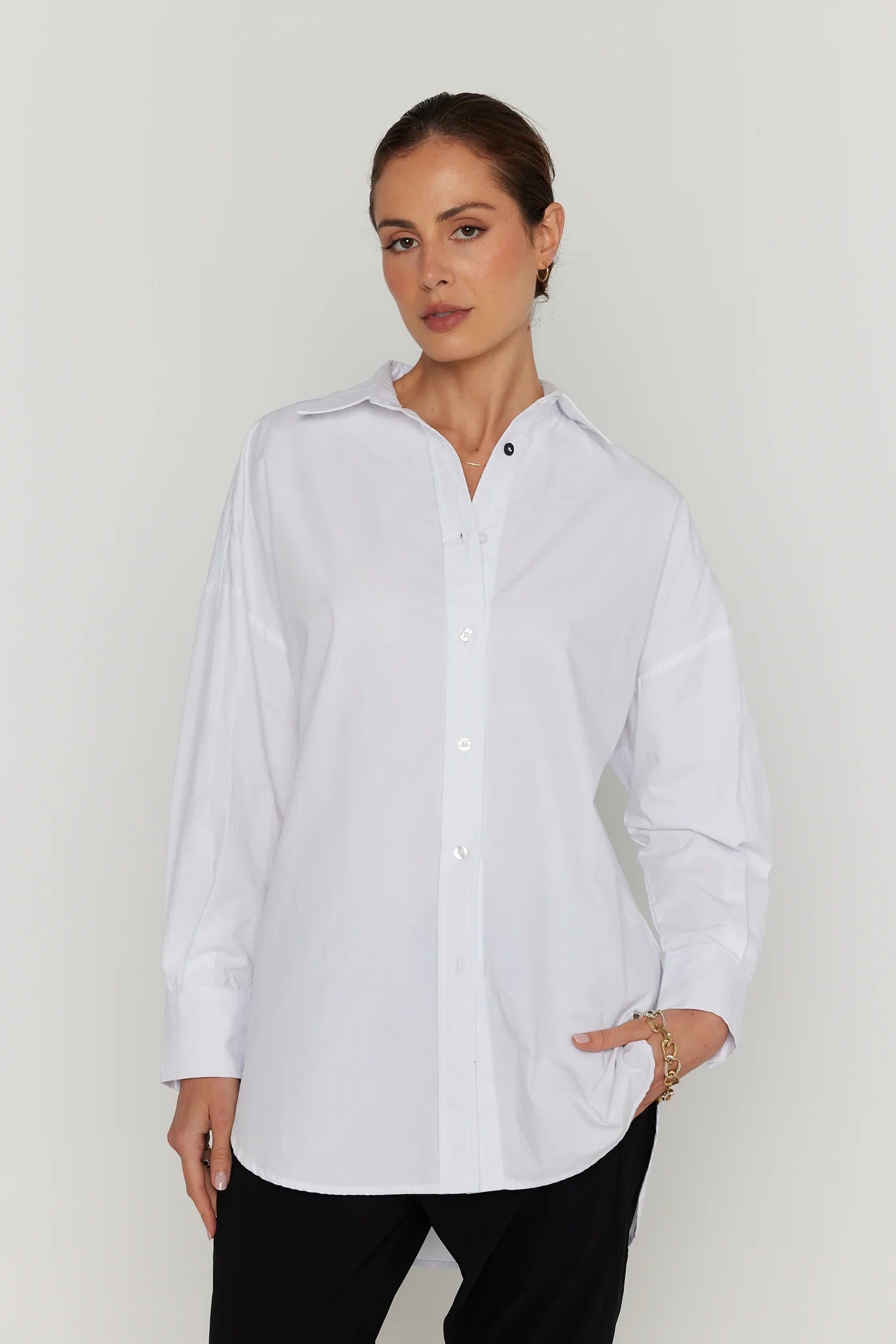 women's fitted long sleeve top -BURDOCK White Shirt