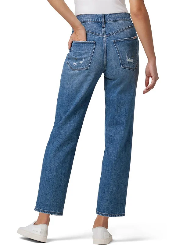 women's paperbag waist jeans -Kass Womens High Rise Distressed Straight Leg Jeans