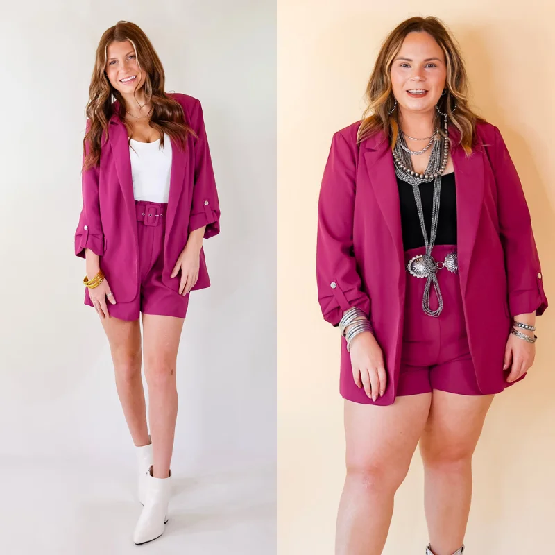 ladies' insulated ski jacket -Fine Like Wine 3/4 Sleeve Blazer in Magenta