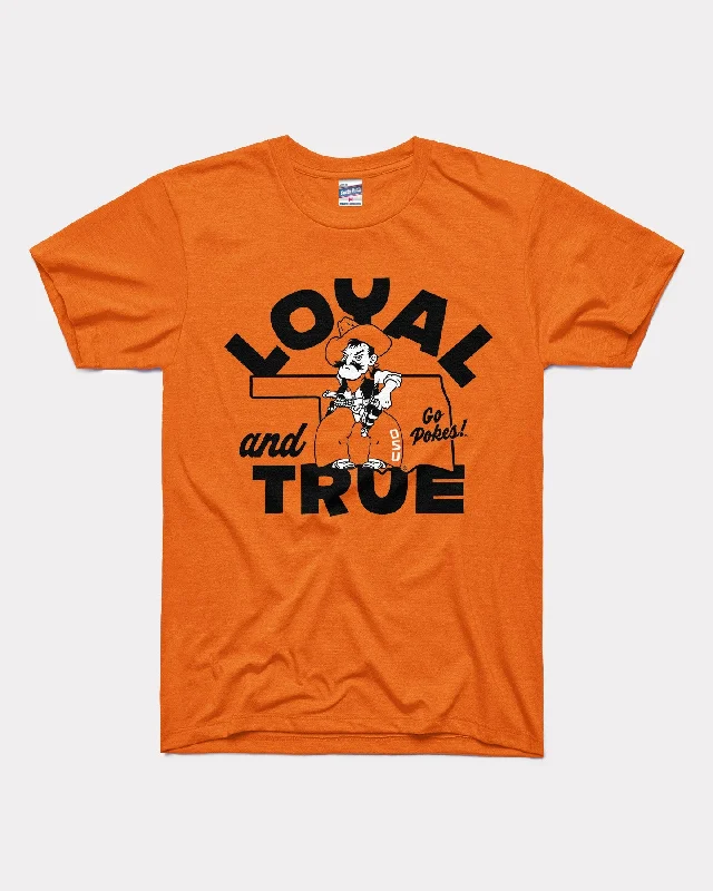 ladies' henley button t-shirt -Loyal & True Oklahoma State Outline Orange T-Shirt