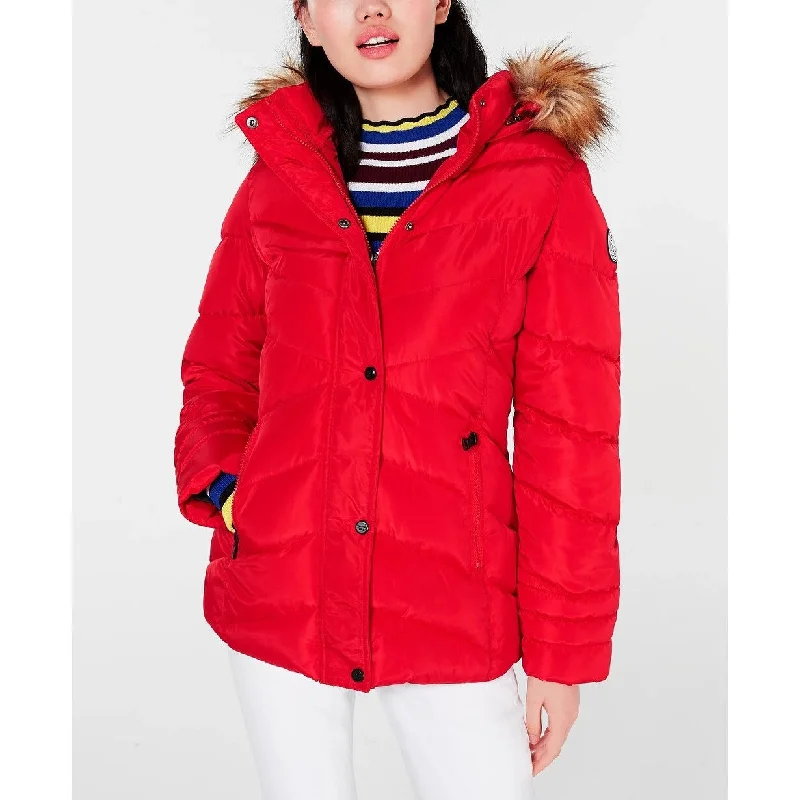 ladies' puffer jacket -Madden Girl Juniors' Hooded Faux-Fur-Trim Puffer Coat Red Size Small