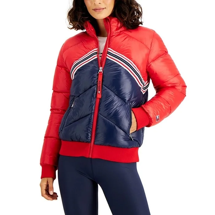 lightweight packable jacket for women -Tommy Hilfiger Women's Sport Colorblocked Puffer Jacket Red Size XX Large