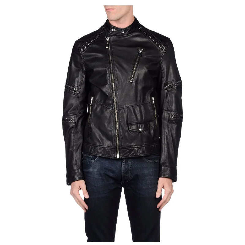 winter-ready women's parka -Men Real Leather Moto Racer Biker jacket