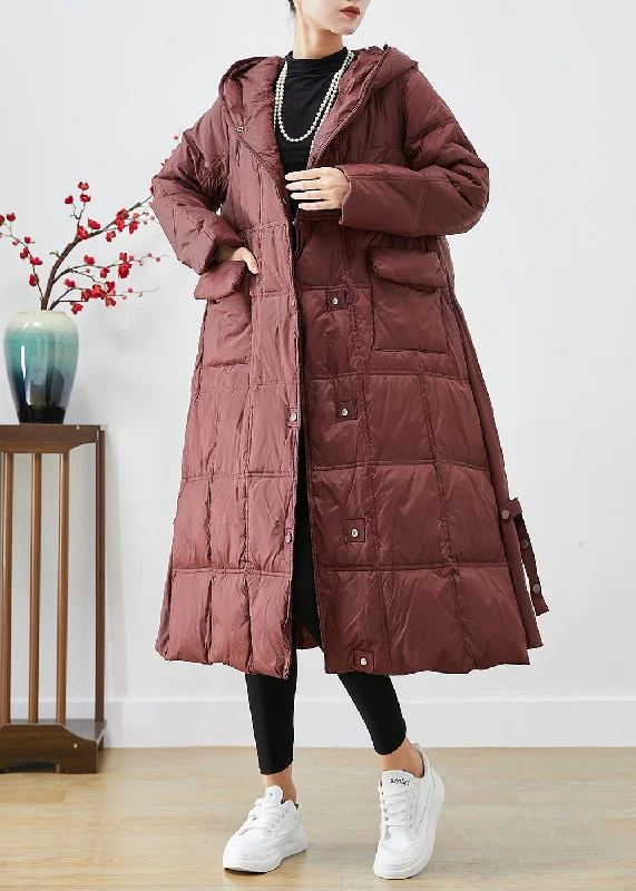 ladies' designer overcoat -Women Dull Red Oversized Plaid Duck Down Canada Goose Jacket Winter