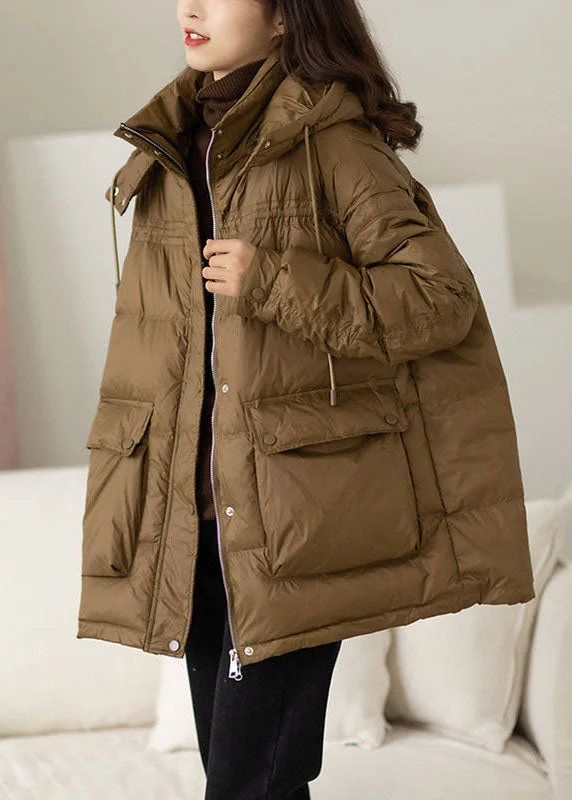 fitted wool blend coat for women -Modern Khaki Hooded Oversized Pockets Duck Down Puffer Jacket Winter