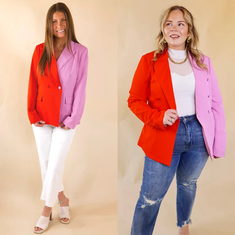 women's oversized corduroy jacket -My Only Desire Color Block Button Up Blazer in Red and Pink