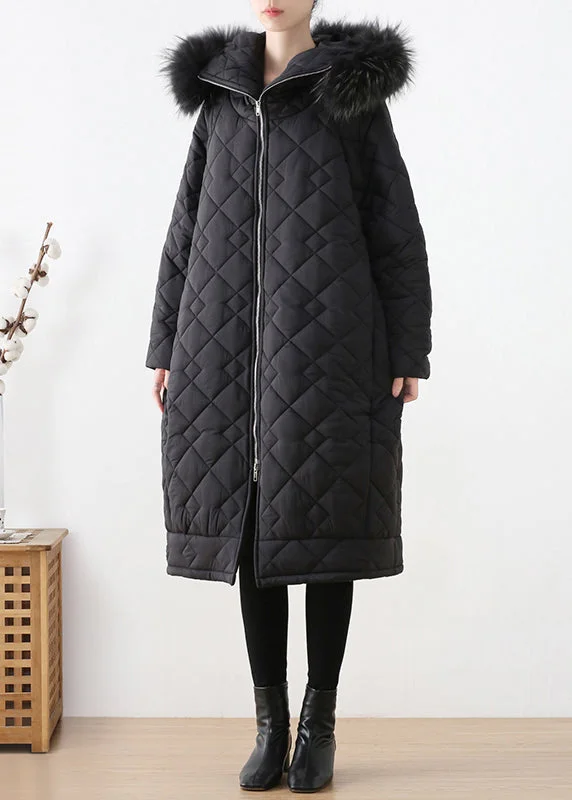 women's long trench coat -Casual Black Fur Collar Zippered Thick Hooded Parka Winter