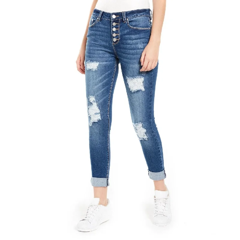 ladies' ankle-length skinny jeans -Indigo Rein Juniors' Ripped Cuffed Jeans Med Blue Size 15