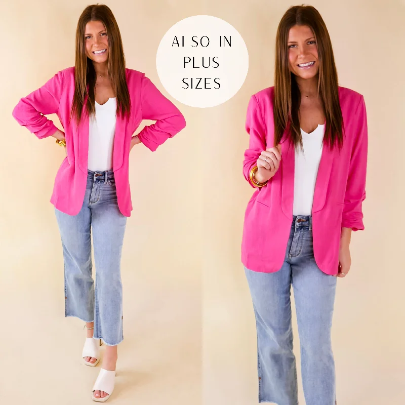 zip-up casual anorak jacket for women -Promise Me Open Front Linen Blazer in Hot Pink