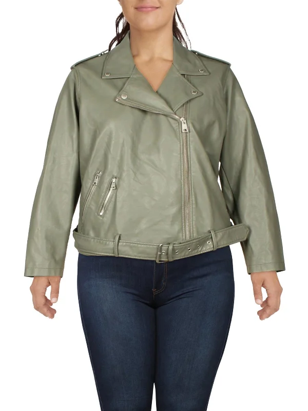 women's relaxed fit blazer -Plus Womens Faux Leather Belted Motorcycle Jacket