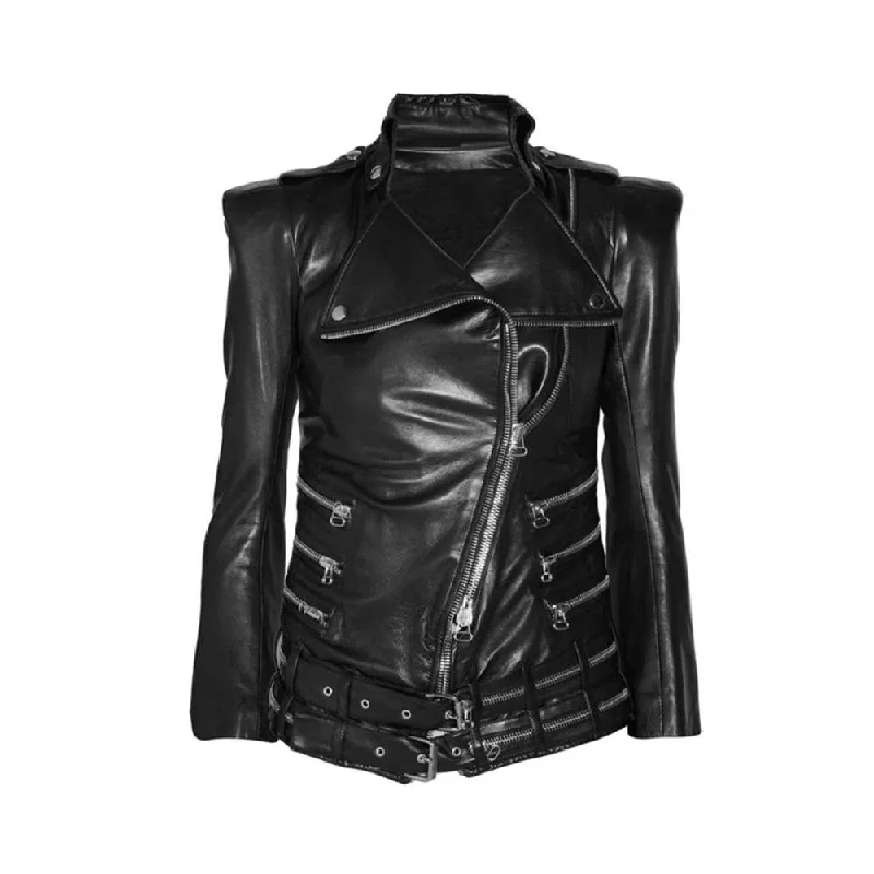 military-style coat for women -Military Black Leather Women Fashion Zipper Jacket