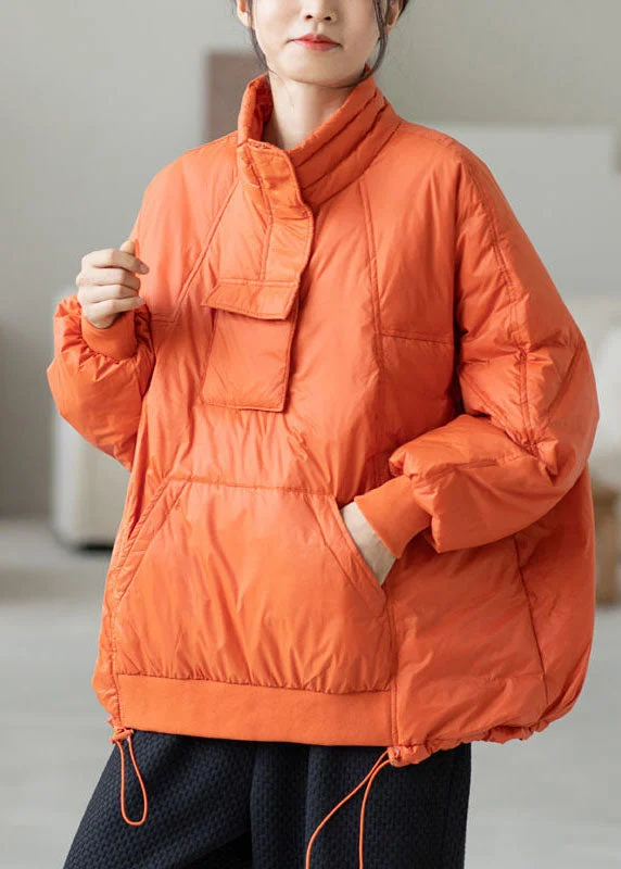 cozy teddy coat for ladies -Bohemian Orange Hooded Drawstring Pockets Duck Down Down Pullover Sweatshirt Winter