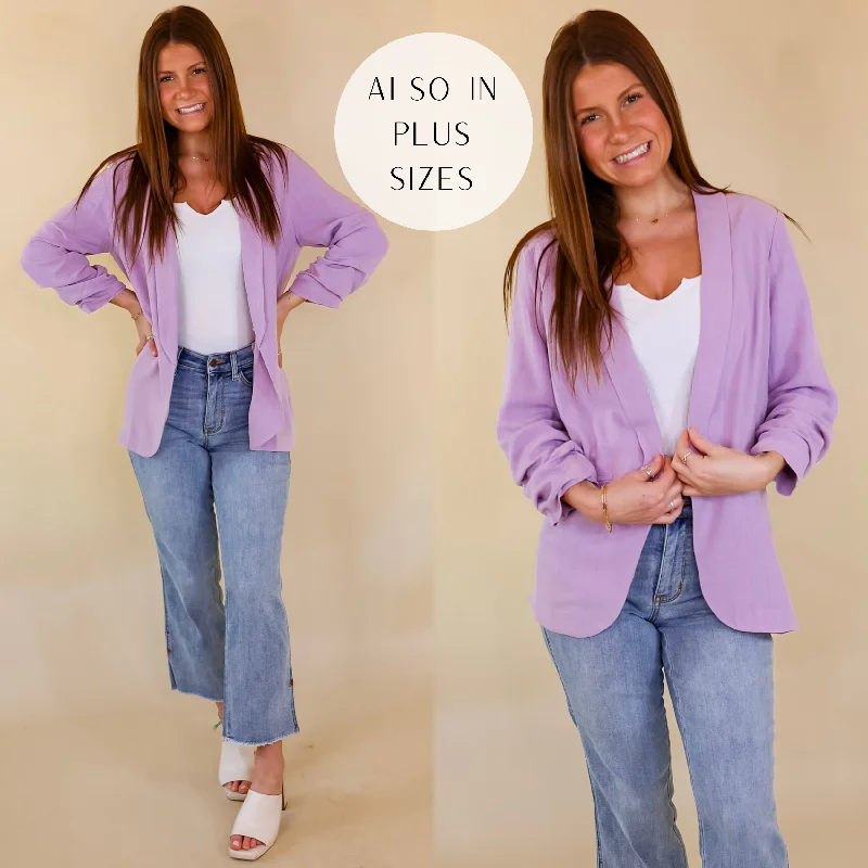 elegant wool cape for women -Promise Me Open Front Linen Blazer in Lavender Purple