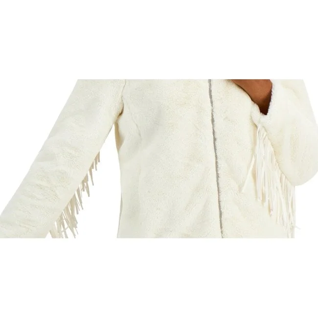 women's relaxed fit blazer -Coffeeshop Junior's Hooded Fringe Faux Coat White Size Medium