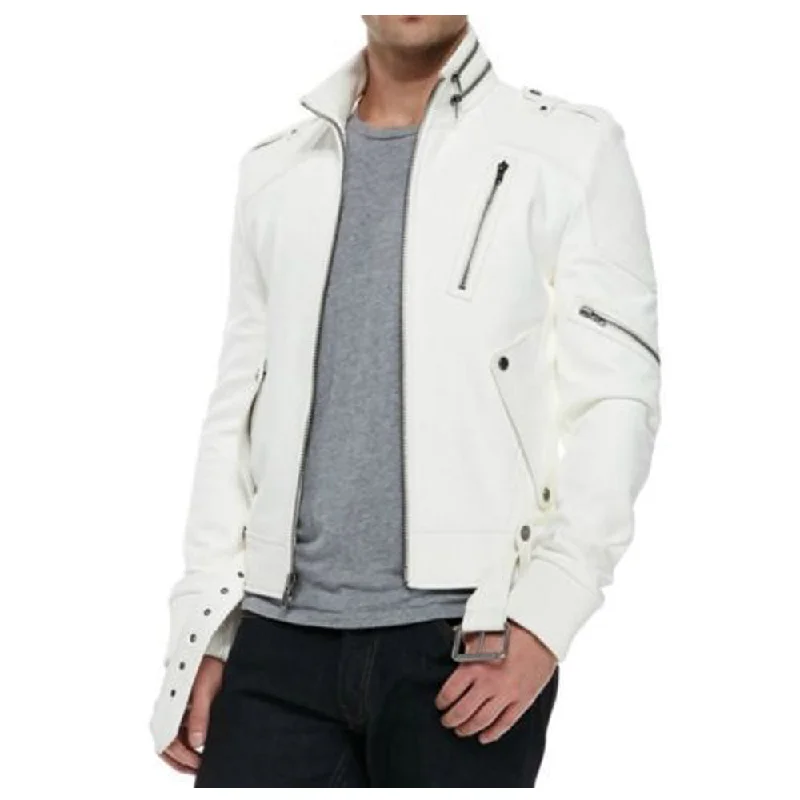 women's slim fit blazer -White Moto Biker Leather Jacket