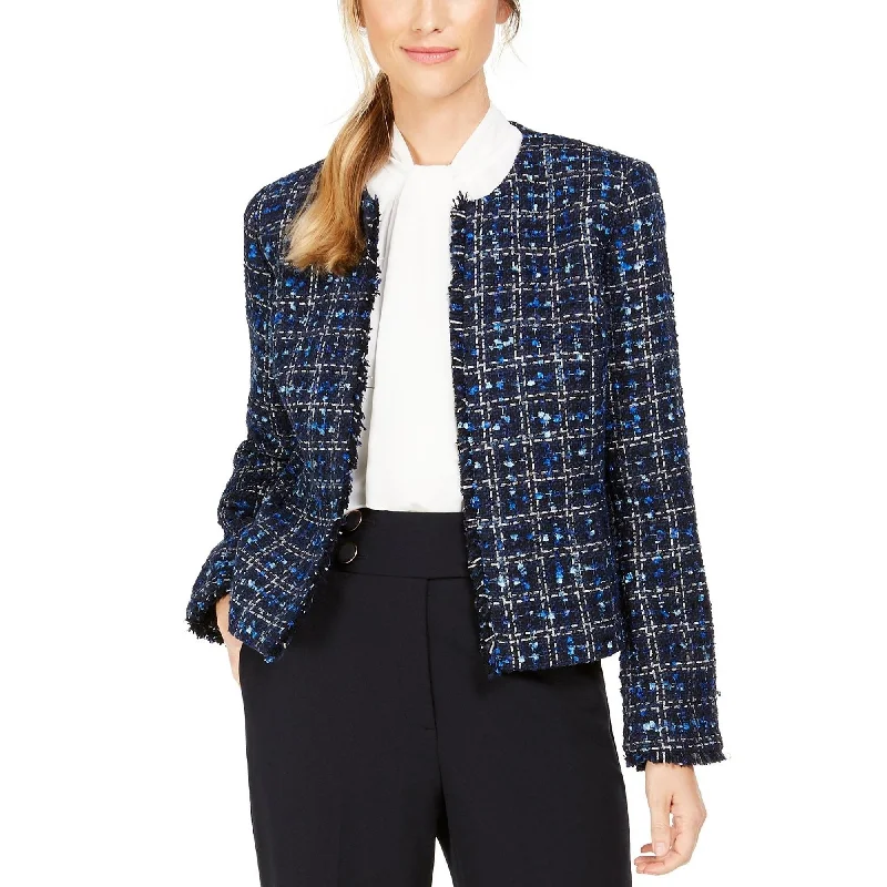 ladies' waterfall drape coat -Calvin Klein Women's Petite Tweed Open-Front Jacket Blue Size 8 P