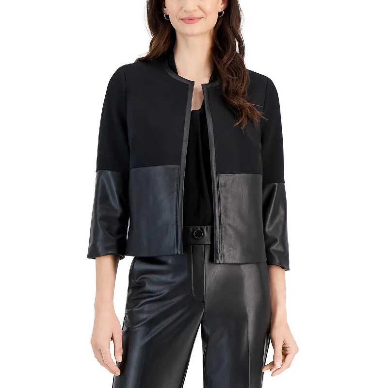 women's asymmetrical zip jacket -Kasper Womens Petites Faux Leather Embossed Open-Front Blazer