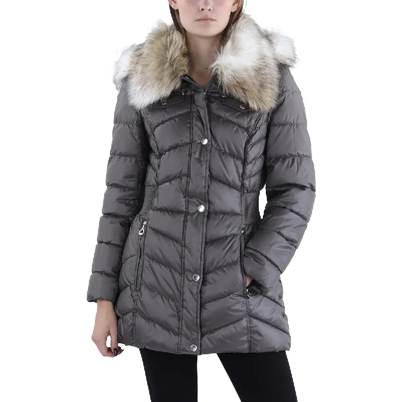 urban streetwear jacket for women -Petites Womens Faux Fur Trim Hooded Puffer Jacket