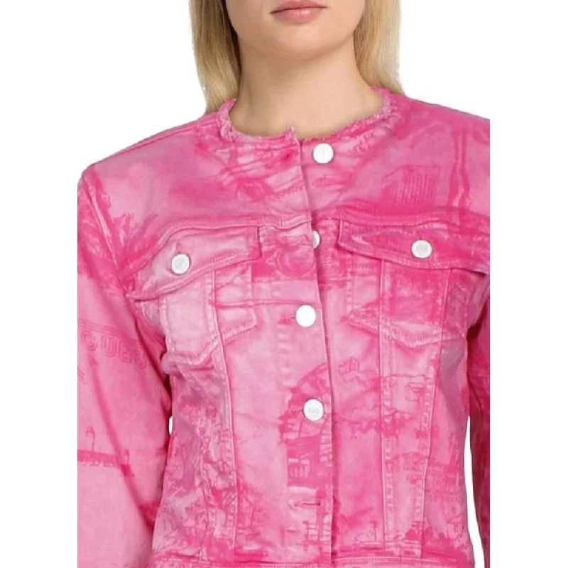 fitted wool blend coat for women -Guess Women's Bella Printed Denim Jacket Pink Size Small