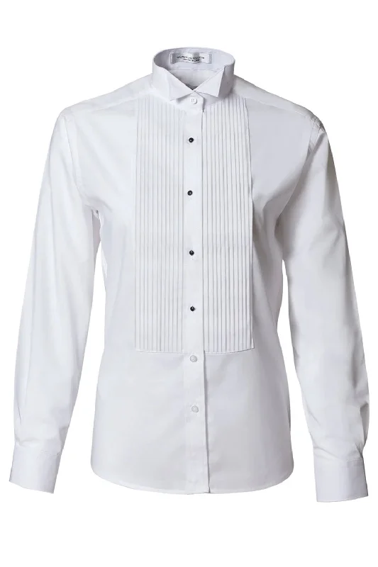 women's off-shoulder top -"Aubrey" Women's White Pleated Wingtip Tuxedo Shirt