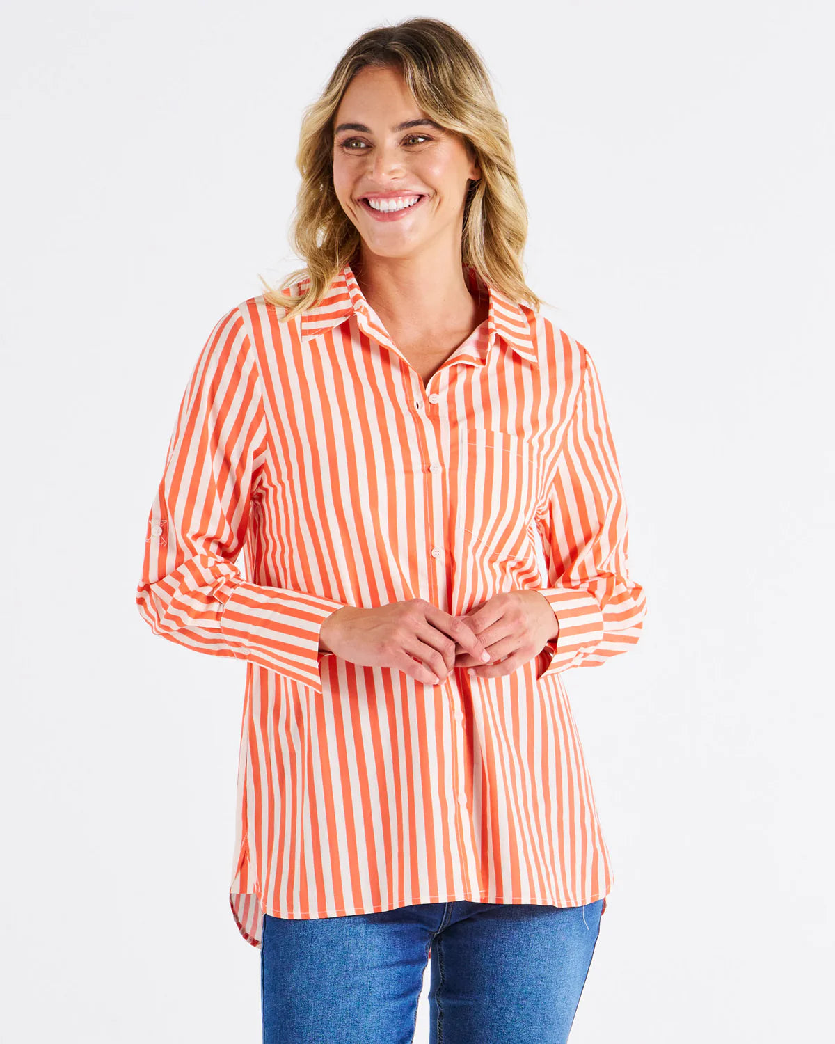 loose-fit linen top for women -Camden Cotton Stripe Shirt - Tangerine Stripe