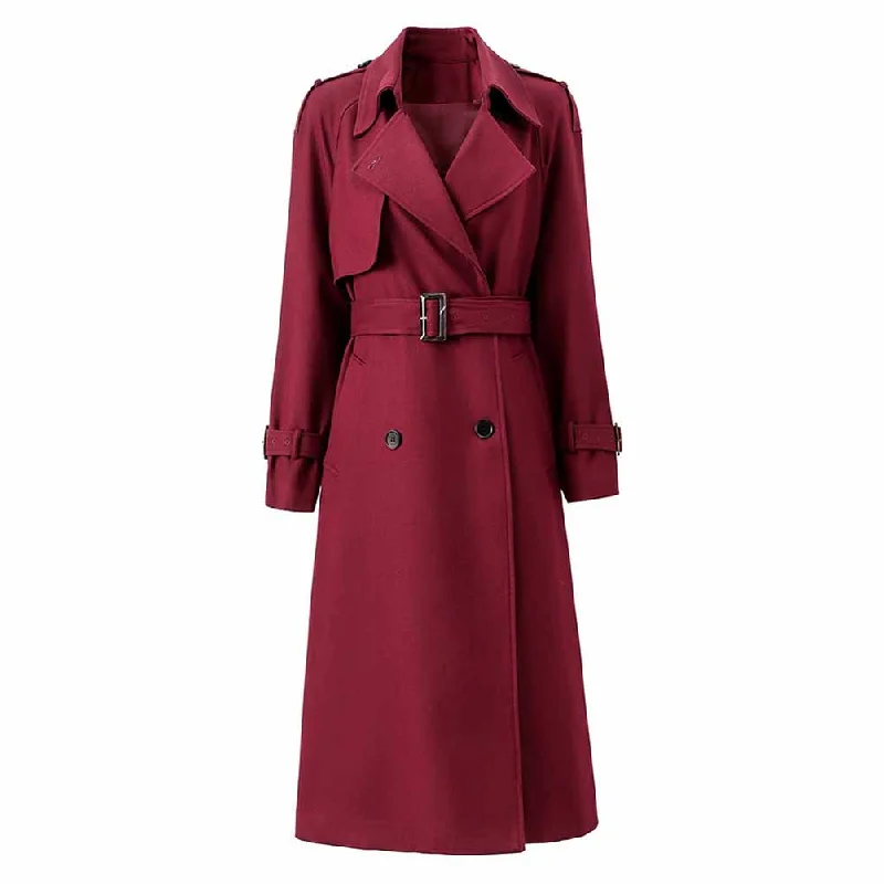 women's double-breasted coat -Women Burgundy Trench Coat With Sashes Double Breasted Long Coat