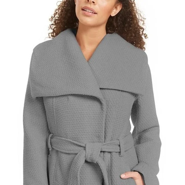 warm shearling coat for women -Madden Girl Junior's Asymmetrical Belted Wrap Coat Grey Size X-Small