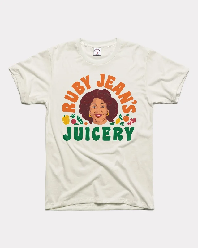 stylish ruffle blouse for women -Kansas City Ruby Jean's Juicery Vintage White T-Shirt