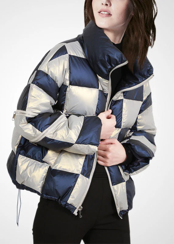 cropped faux leather jacket for women -French Colorblock Stand Collar Zip Up Drawstring Plaid Duck Down Puffer Jacket Winter