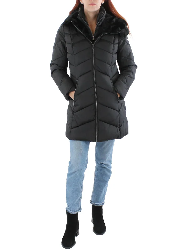 women's asymmetrical zip jacket -Womens Quilted Faux Fur Trim Puffer Jacket