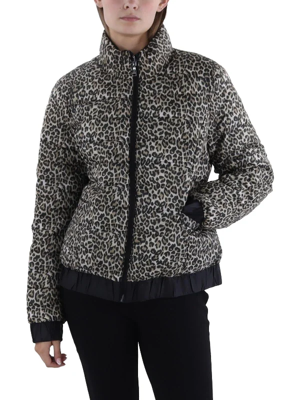 ladies' waterfall drape coat -Womens Insulated Animal Print Puffer Jacket