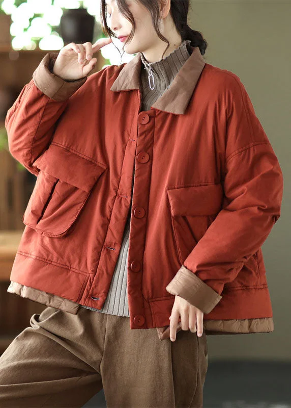 women's lightweight cargo jacket -Italian Red Peter Pan Collar Pockets Patchwork Fine Cotton Filled Parka Jacket Winter