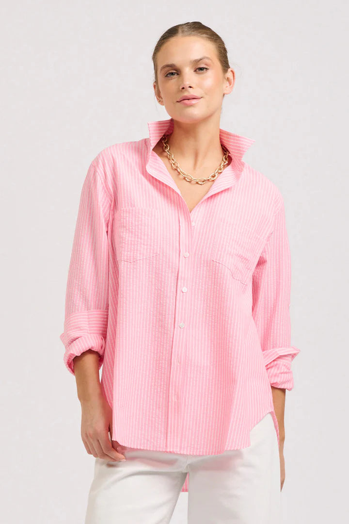 soft cotton t-shirt for women -The Girlfriend Relaxed Shirt - Bright Pink Stripe