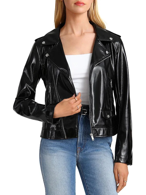 stylish longline coat for women -Womens Patent Faux Leather Motorcycle Jacket