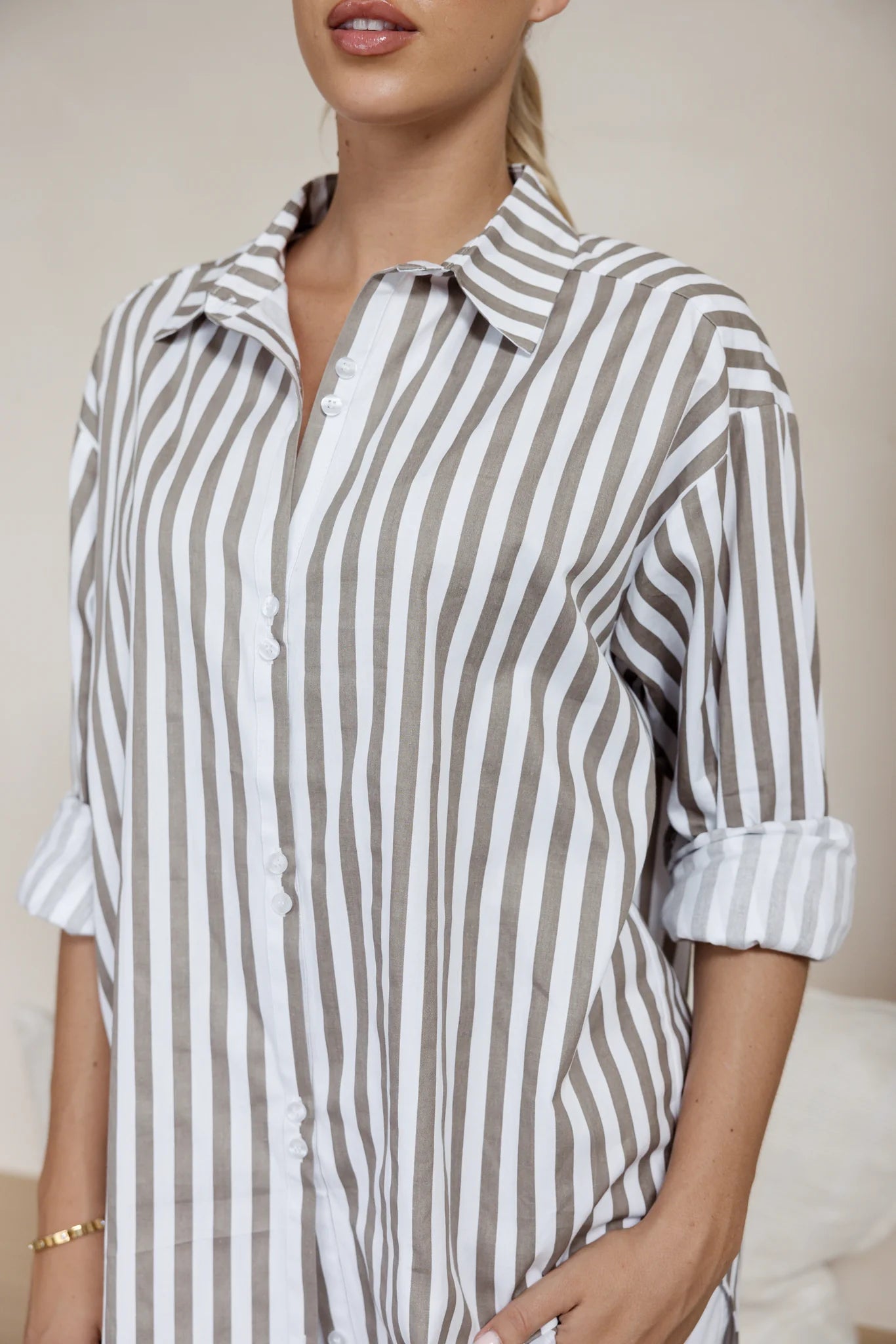 chic asymmetrical top for women -AUSTIN Taupe Stripe Shirt