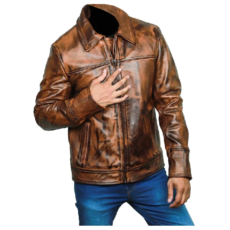 waterproof hiking jacket for women -Men Vintage Biker Vax Genuine Leather Jacket