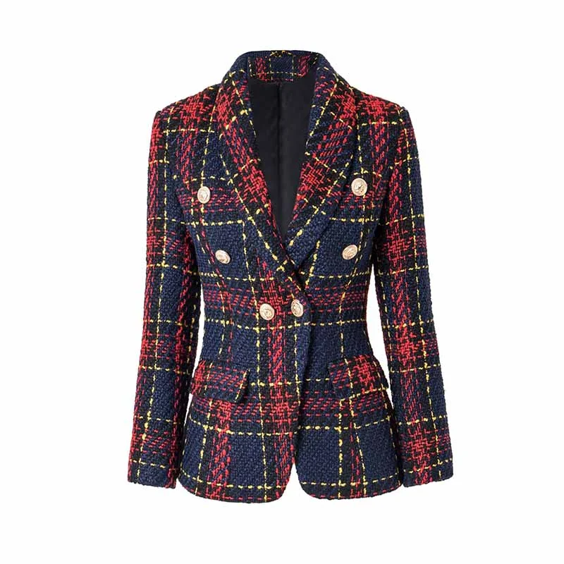 ladies' longline puffer coat -Womens Vintage Double Breasted Tweed Blazer Checkered Coat