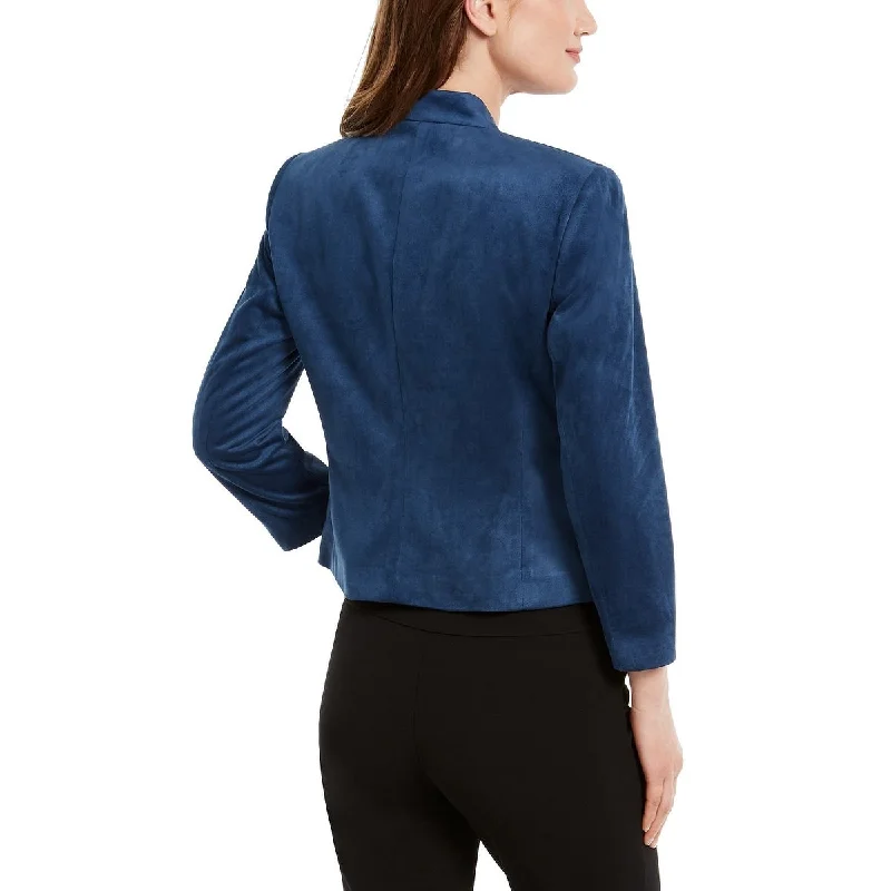 ladies' fleece zip-up jacket -Nine West Women's Stand Collar Kiss Front Long Sleeve Jacket Blue Size 12