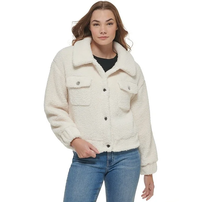 winter-ready faux shearling jacket for women -Calvin Klein Women's Snap Front Sherpa Jacket White Size X-Large