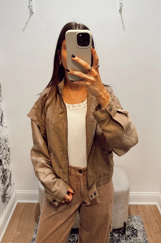 oversized women's coat -Suede Zip Up Moto Jacket