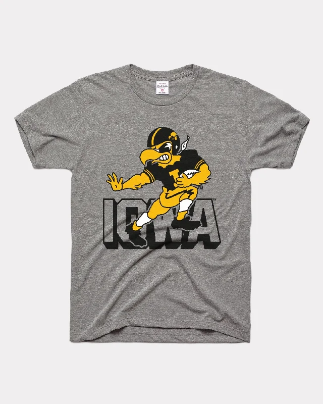 off-the-shoulder ruffle top for women -Iowa Hawkeye Football Stiff Arm Vintage Grey T-Shirt